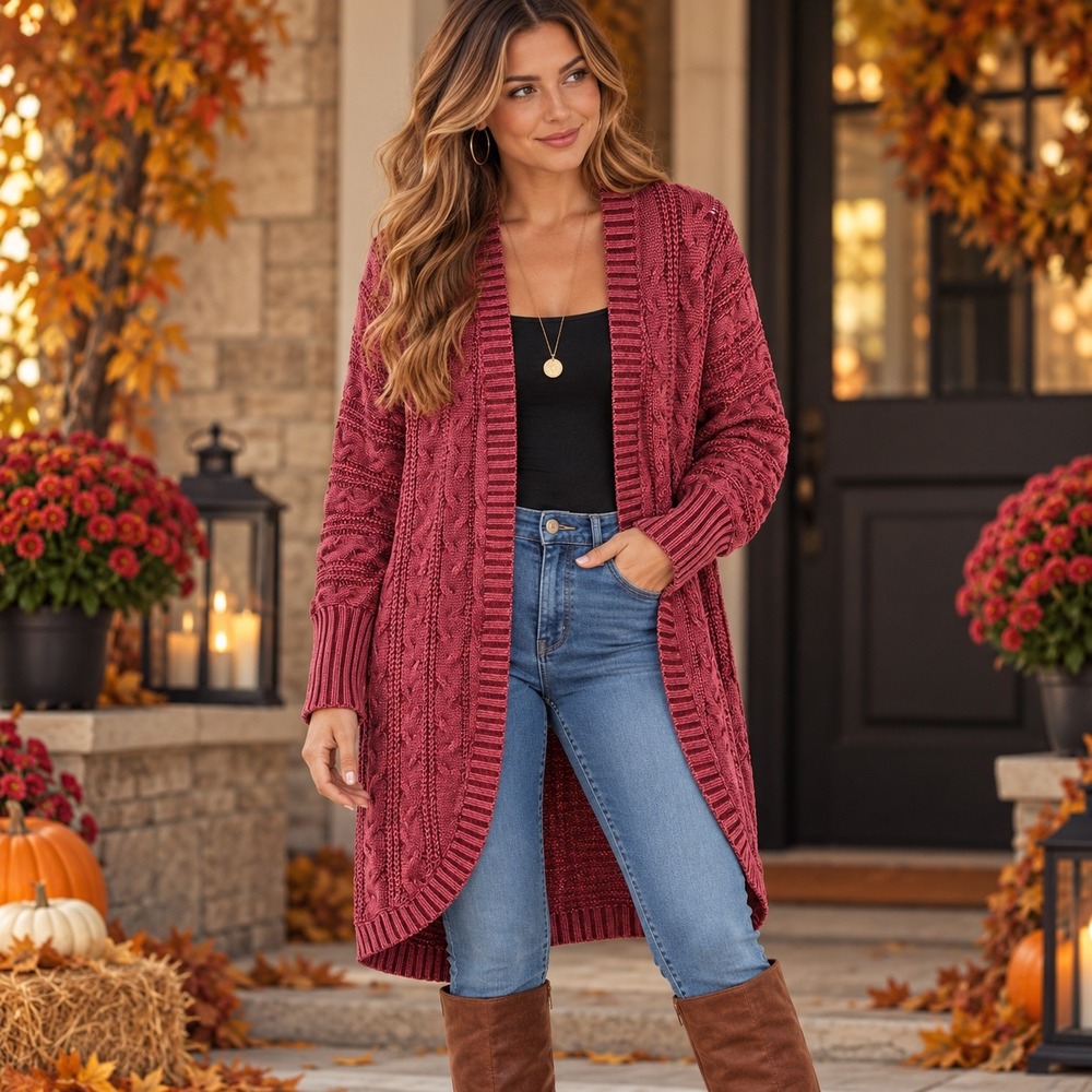 PBJ Blues Cable Knit Open Cardigan Acid Washed Cranberry Size Medium Cottagecore